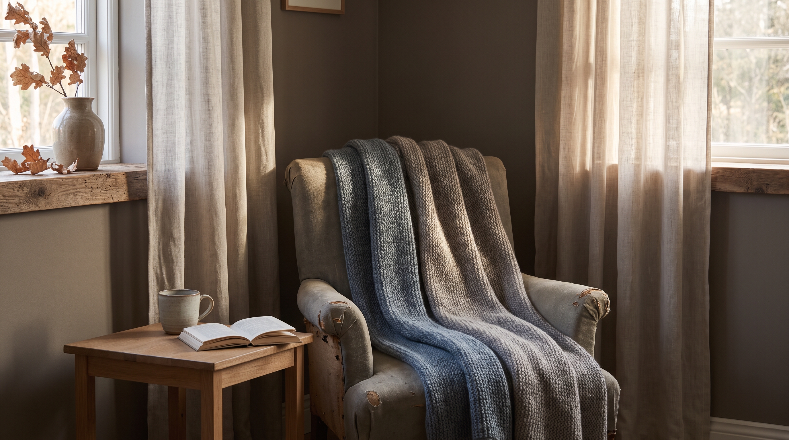 Quiet chair by sunlit windows with a book and mug